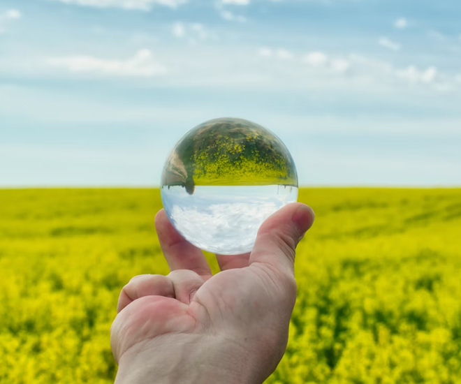 A hand holding a glass ball